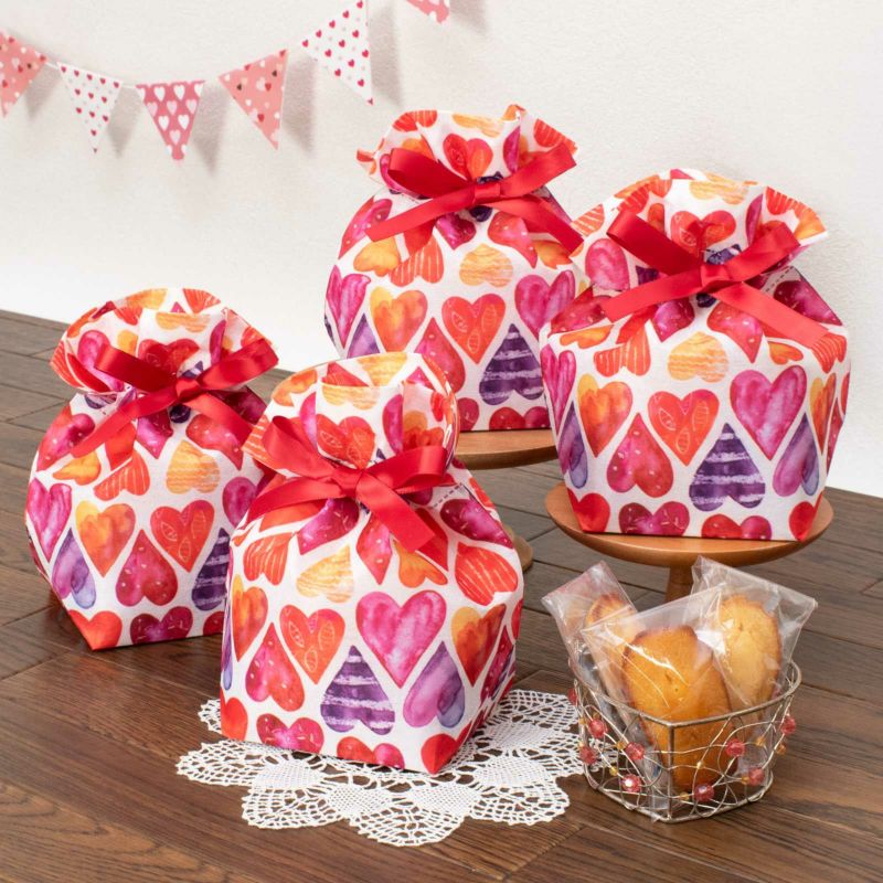 【バレンタイン】巾着（特小）赤色ハート柄｜不織布ラッピング袋｜20枚入