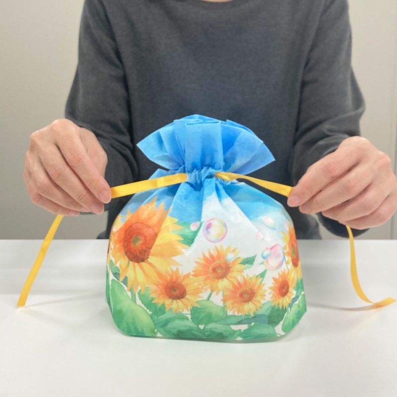 ラッピング｜巾着リボンFP　小　ひまわりシャボン柄　20枚入