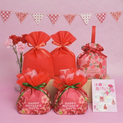 母の日ラッピングセット｜カーネーション柄・巾着入り完成品ギフト袋